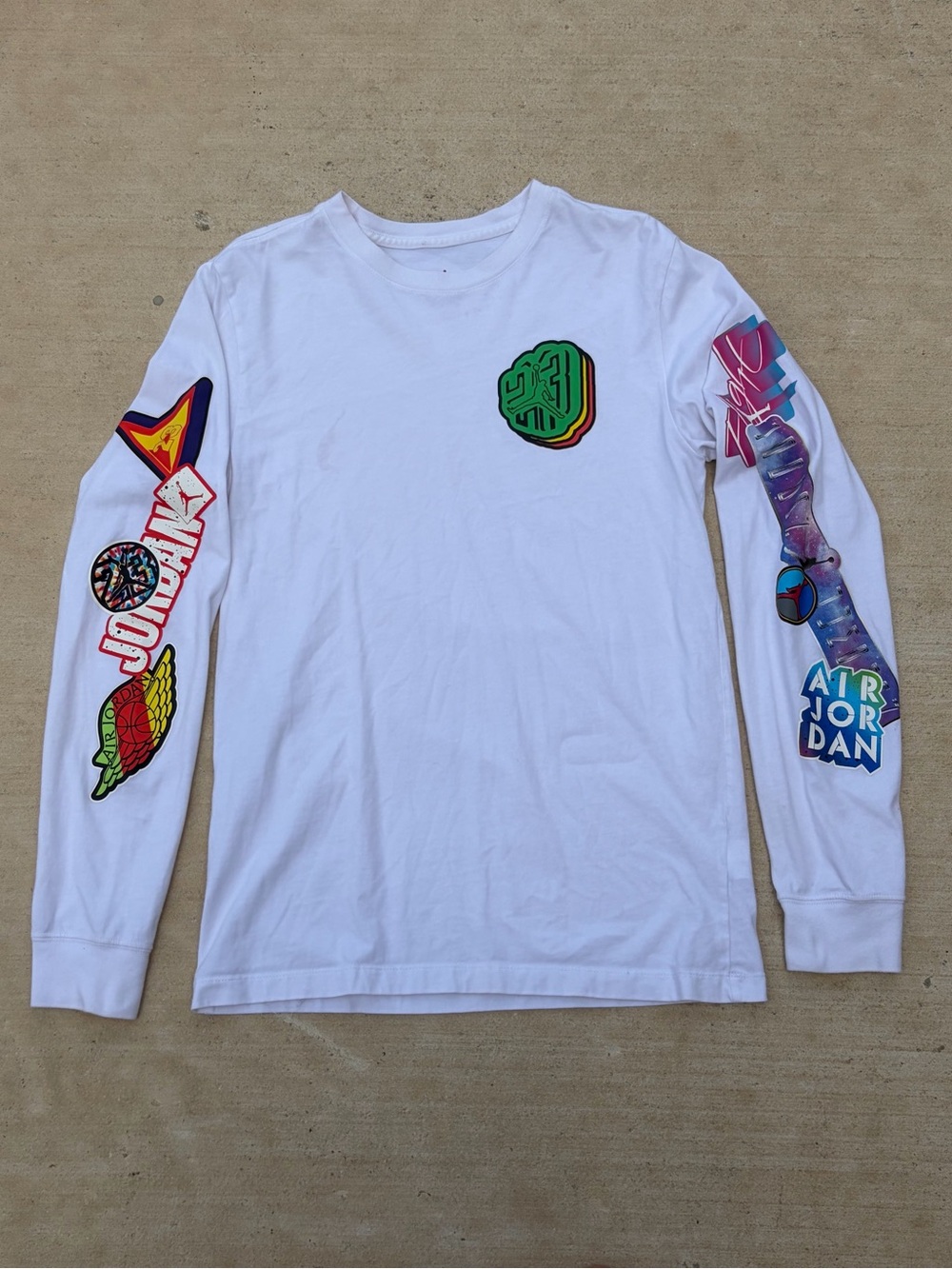 White Long-Sleeve Graphic Crewneck Shirt - Colorful Sleeve Logos